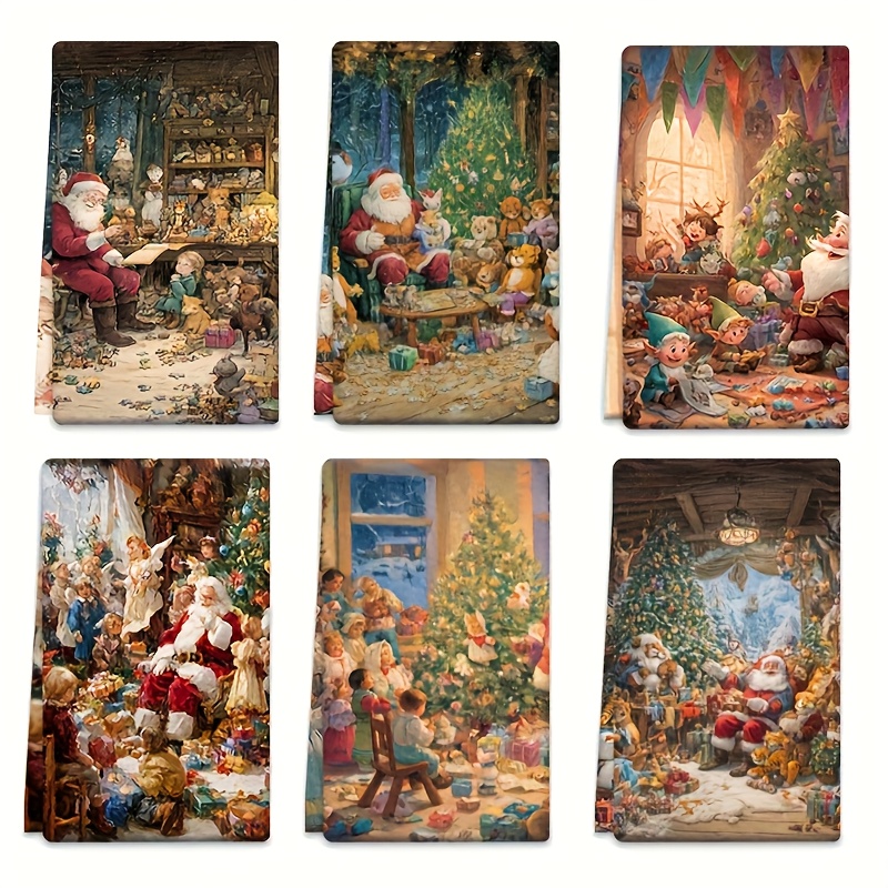 Image of 6-pack Kitchen Towel Set, 16x24 Inches - Santa Claus And Christmas , Super Absorbent Polyester Fiber Hand Towels, Suitable For , Baking, Tea Party Decor, And Household Use