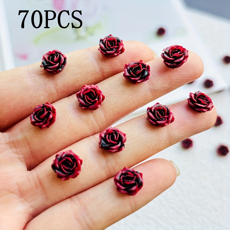 30/70pcs Of Mini Dark Red Rose Nail Art Accessories, Flat Bottomed Resin Flowers, Suitable For Diy Crafts, Hair Clips, Headbands, Phone Case Accessories, And Decorations