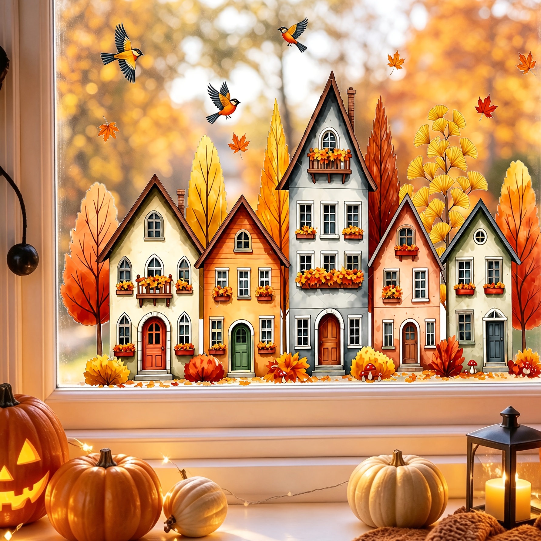 TEMU 1pc 2d Flat Thanksgiving Autumn Town Window Sticker, Ginkgo Tree Birds Falling Leaves Window Decoration Glass Sticker, Pvc Material Removable,
