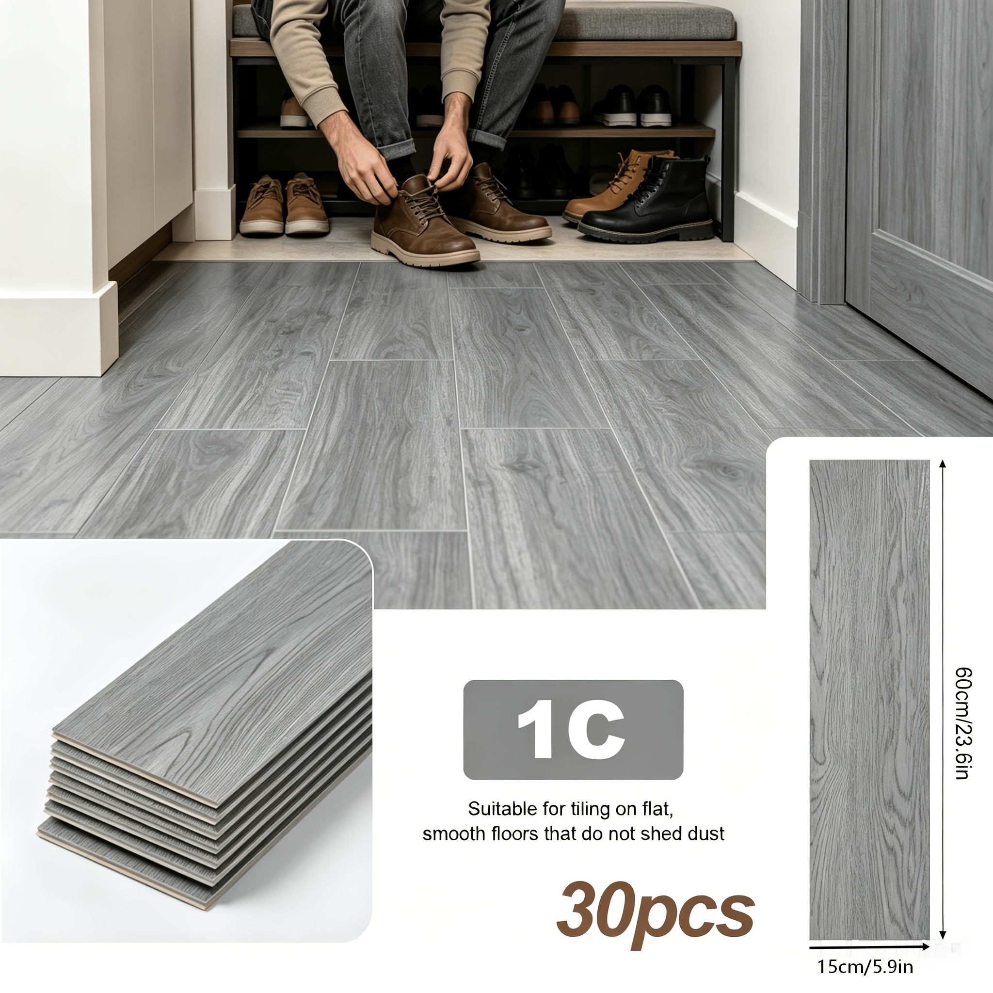 Image of 30pcs Pack Vinyl Flooring Self-adhesive Wood Plank Tiles Suitable, Bedroom,, Dorm - Removable Non-slip Pvc Covering With Wood Grain Effect, Installation For Home Renovation