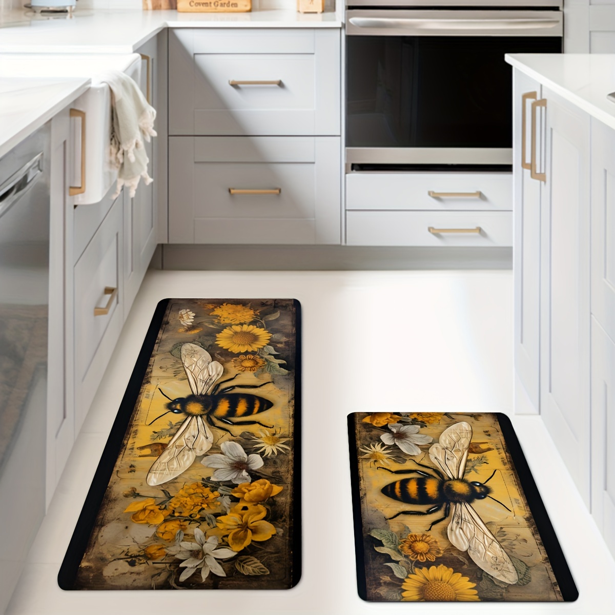 TEMU 2pcs Bee & Floral Non-slip Kitchen Mat Set - , Machine Washable Polyester Runner Rugs For Home, Office, Bathroom - Comfortable Standing Pads With Vibrant Bee And , Spring Decor, Kitchen Rugs