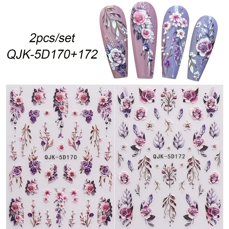 Image of 2 5d Embossed Flower Nail Stickers, Spring Embossed Purple Rose Stickers, Purple Rose Nail Art Decals