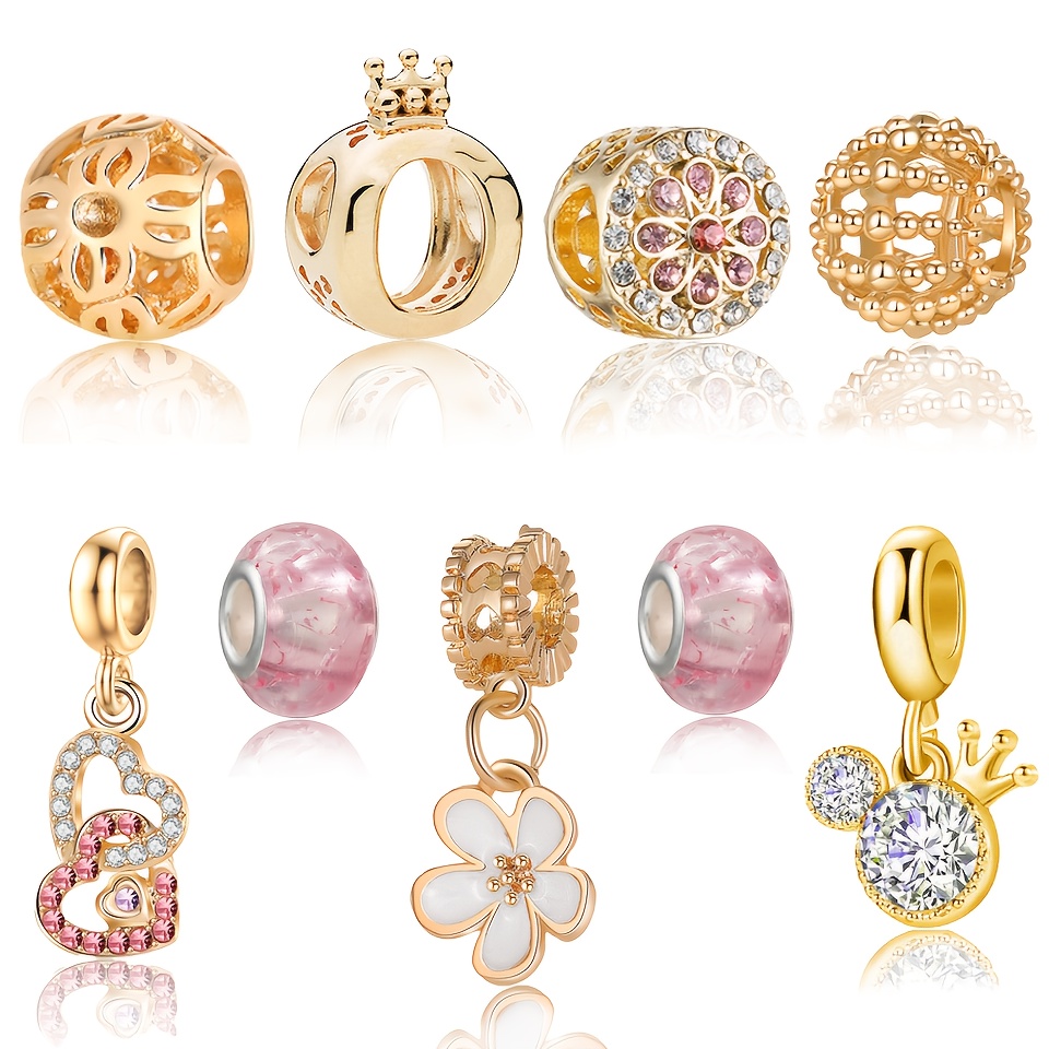 TEMU 9pcs Rhinestone Crown Flower Beads With 5-petal Flower Pendants - Hollow Diy Beading Charms For Necklace & Bracelet Making, Wedding, Prom,
