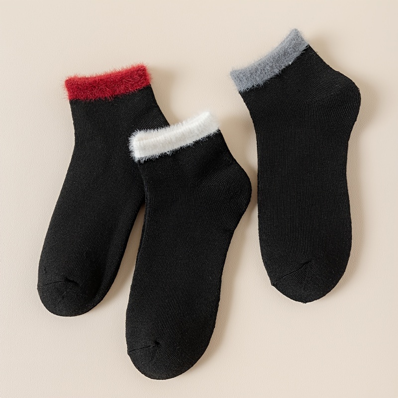TEMU 3-pack Women's Autumn/winter Thick Terrycloth -trim Short Socks, Trendy Versatile Style Warm Solid Color Ankle Socks