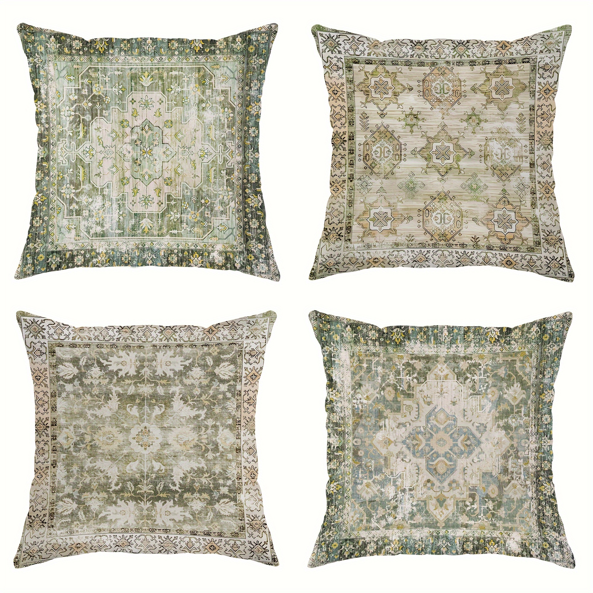 

4pcs Set Bohemian Velvet Throw Pillow Covers - 18x18 Inches, Green Moroccan & Turkish Designs, Zip Closure, Machine Washable For Living Room And Bedroom Decor Decorative Pillows Pillows Decorative