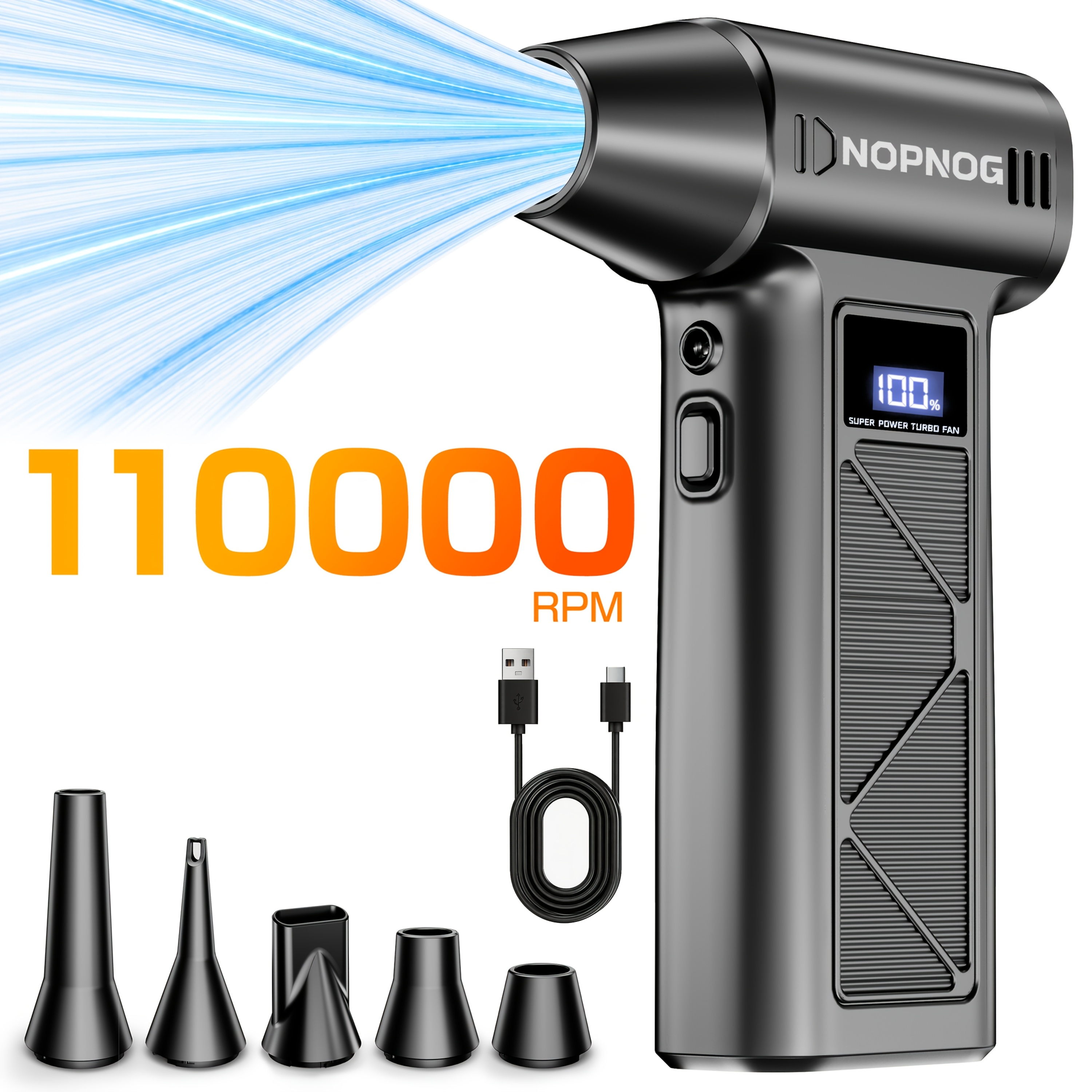 TEMU Turbo Blower 110000 Rpm Electric Air Duster, Snow Blower Leaf Blower Brushless Violent Jet Fan, 5-port Nozzles Portable Type-c, Cleaning Blower