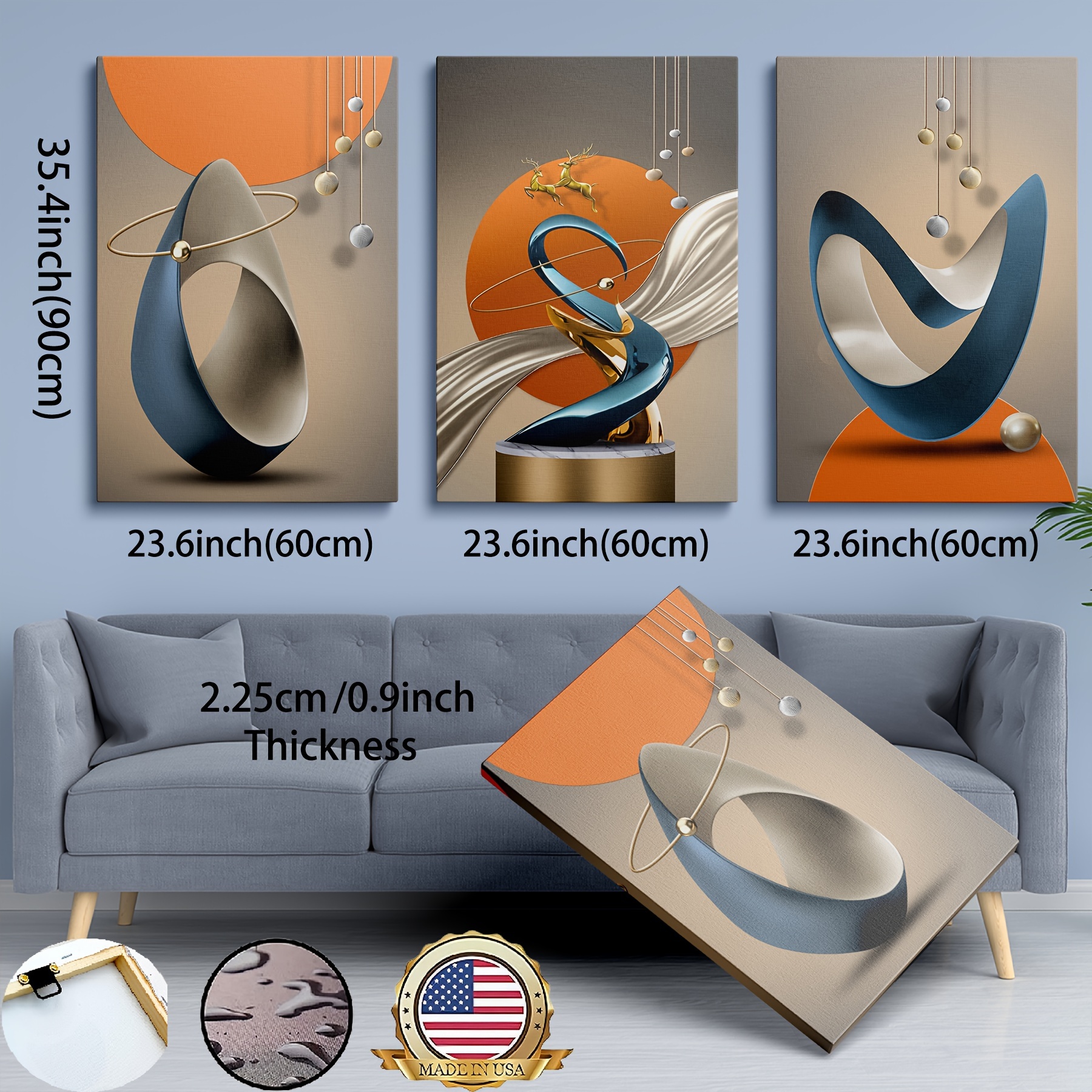 

3-piece Set Of Professionally Framed Modern Geometric Canvas Prints - Stunning Wall Art With -inspired Luxury Golden Drop Ring Shape Design - Perfect For Elevating Living Room Decor1