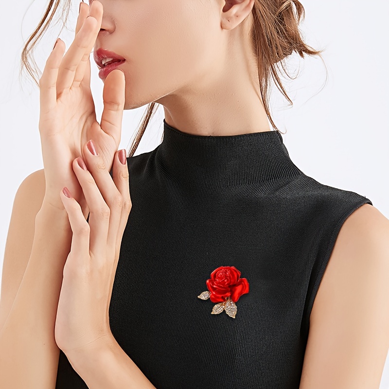 

Luxurious Acrylic Red Rose Brooch Pin With -tone Leaves, Elegant Flower Lapel Pin For Women - Sophisticated And Exquisite Accessory For Dresses And Blazers