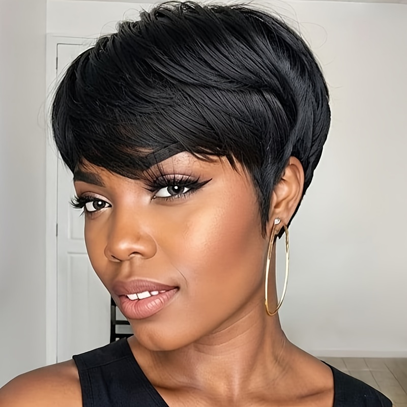 

6inch Pixie Hair Cut Human Hair Wigs For Women Short Straight Human Hair Wigs With Bangs Natural Color Brazilian Remy Human Hair