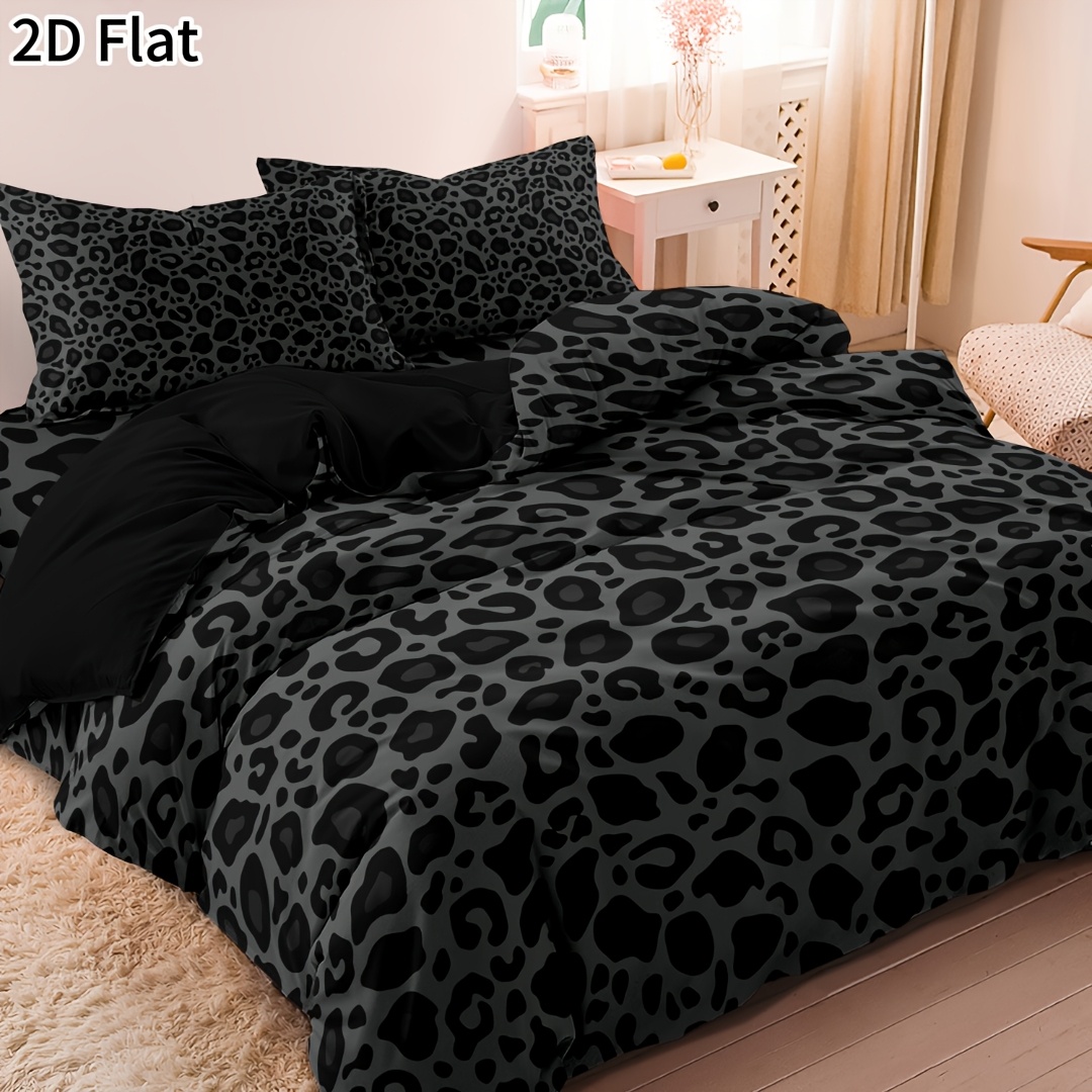 TEMU 3pcs 2d Flat Fashion Black Gray Leopard Print Quilt Cover Set, , 1 X Duvet Cover And 2 X Pillowcases, Soft Cozy, , For Home/dorm Bedroom