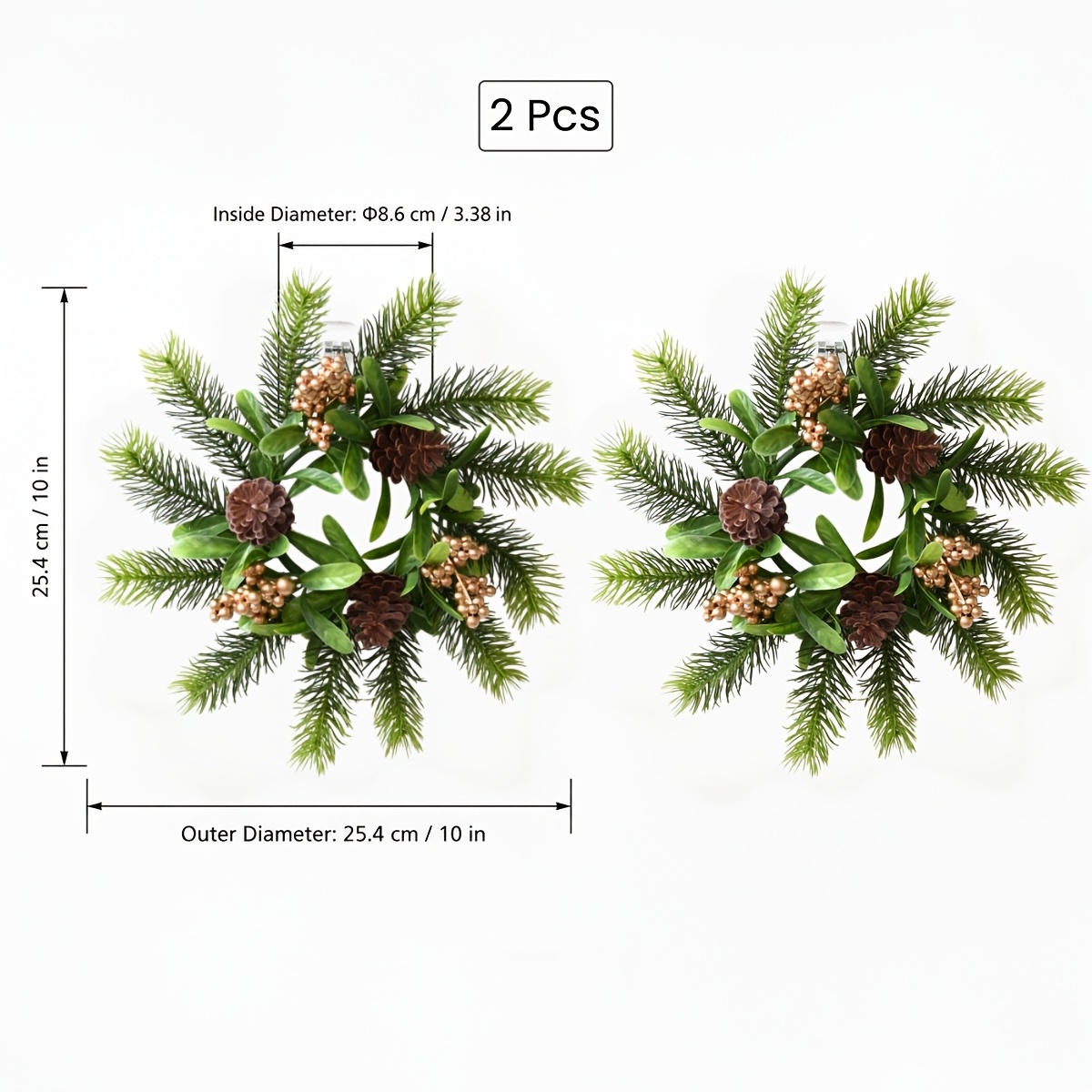 TEMU 2pcs 10 Inch Vintage Golden Christmas Candle Wreaths, Mixed Faux Greenery Mini Wreath Set For Mantel, Shelf, Tabletop Centerpieces, Kitchen