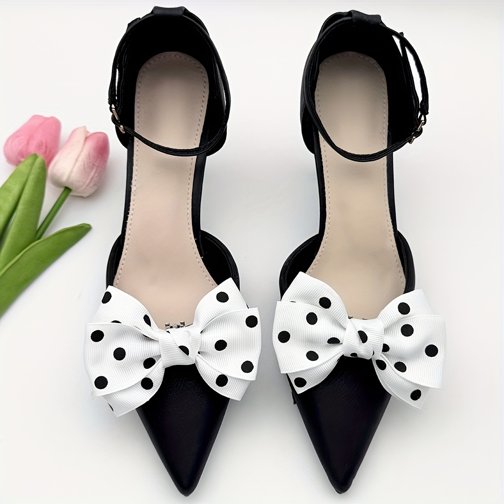 TEMU 2pcs Detachable Polka Dot Bow Shoe Decorations - Black & White With Red Polka Dots, Twist Detail High Heel Shoe Accessories For Valentine's Day,
