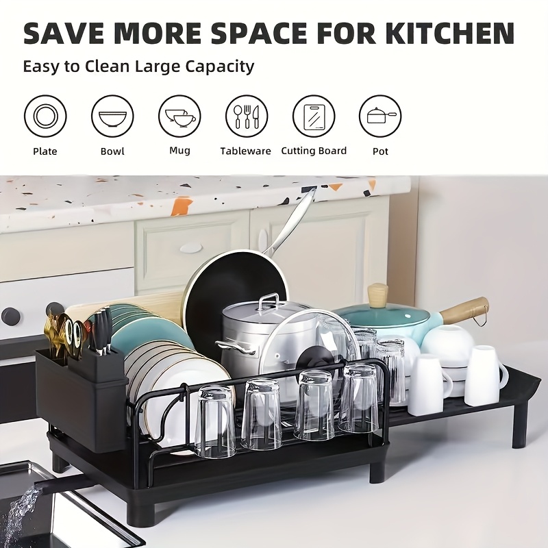 expandable kitchen dish drying rack with set black metal countertop organizer for plates cups utensils adjustable length with utensil holder glassware rack space saving design for small spaces drying rack for kitchen counter standing shelf standing shelf details 2