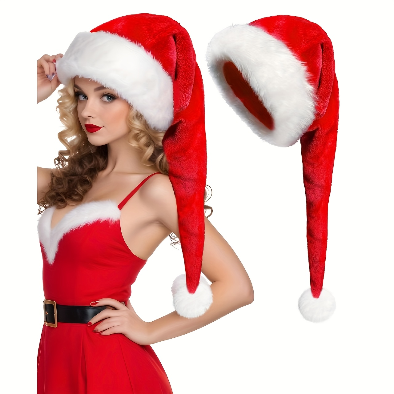 1 stuk - Extra Lange Pluche Kerstmuts voor Volwassenen - Rode Kerstmuts met Duurzame en Pluizige Decoraties, Geschikt voor Feestjes