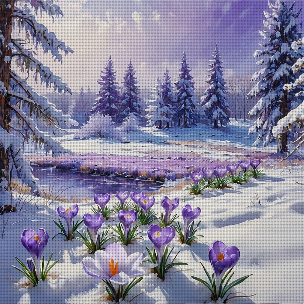 TEMU 1 Set - Style: Snowy Field With Blooming Purple Flowers Pattern Themed Cross- Embroidery Kit, Diy Embroidery, 11ct Cross- Decorative Painting,