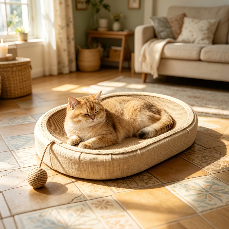 TEMU 2-in-1 Oval Sisal Cat Scratching Mat Bed, Durable High-density Anti-scratch Cat Scratching Pad With Hanging Sisal Toy Ball, No-shed Cat Bed For