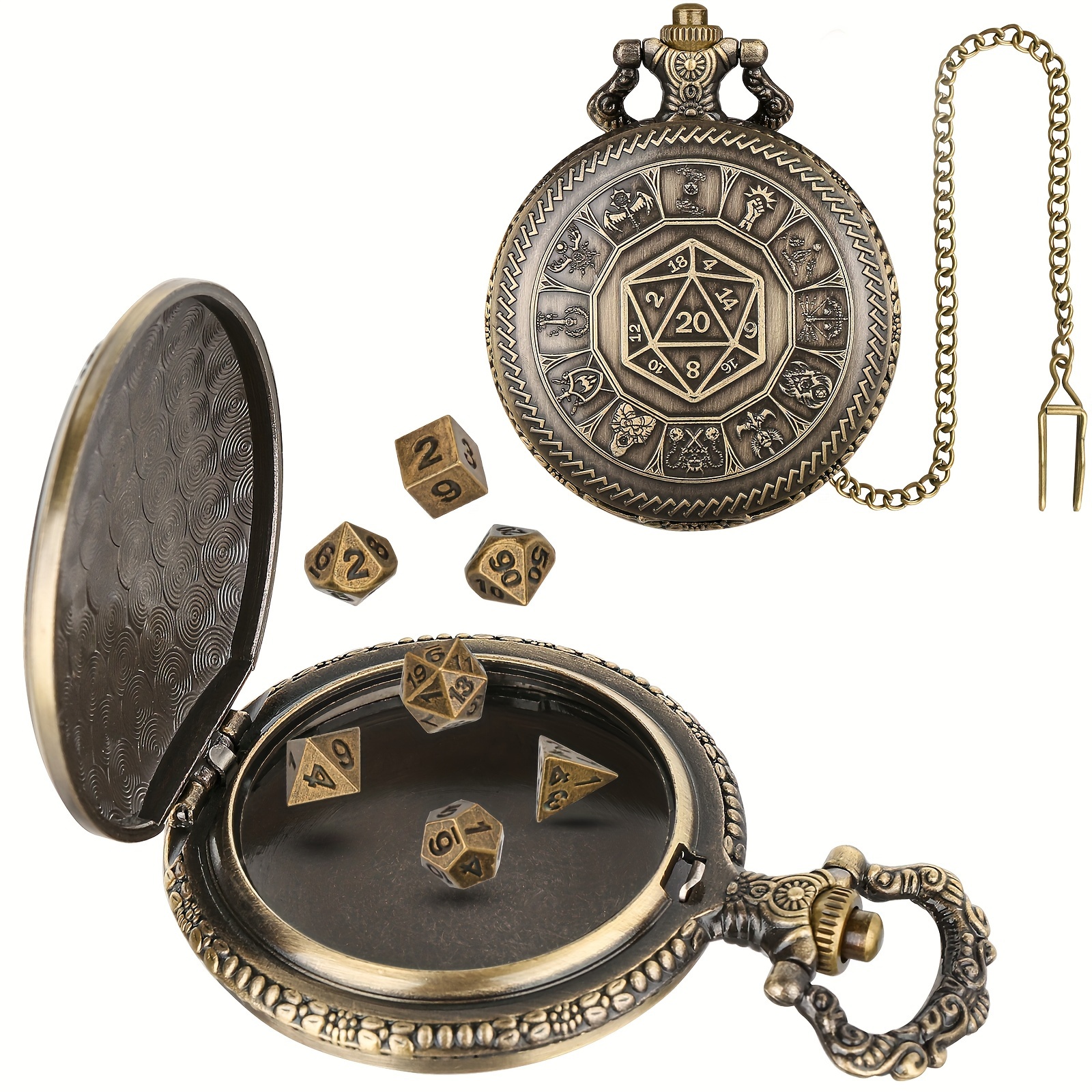 E-shop 1 Stück (Form) Produkt Bronze/Dunkel Silbernes Nummernmuster Würfelset, Vintage Taschenuhrgehäuse + Dicke Kette + Bronze Würfel Mini Würfelset,