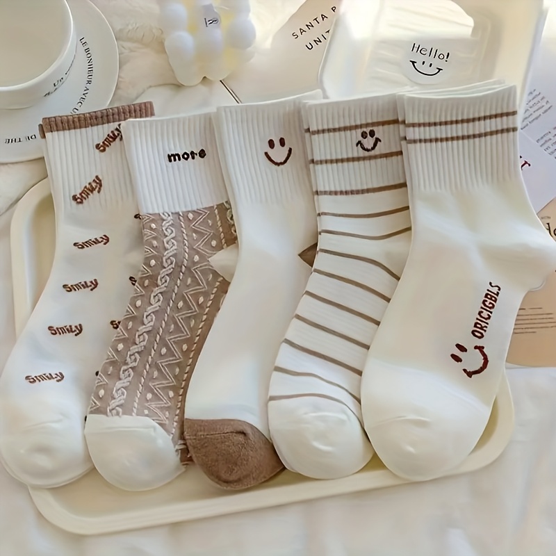 E-shop 5 Paar Damen Mid-Calf Socken - Lächelndes Gesicht und gestreiftes Design, gerippte , für Freizeitkleidung, süße Socken