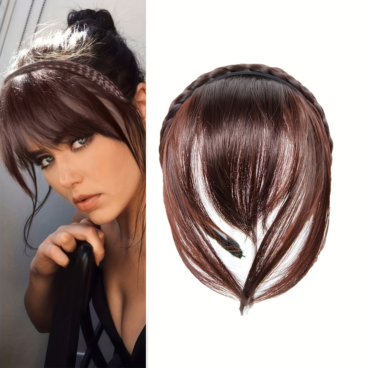 elegant twist braid headband with short straight synthetic hair bangs high temperature fiber versatile hairstyle accessory for women       volume   hair accessories details 0
