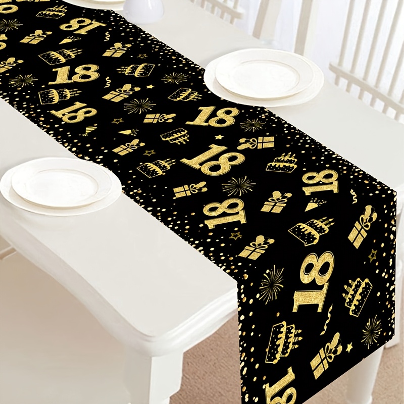 

Elegant 18th Birthday Party Table Runner - Black & Golden, Rectangle Tables, Ideal For Celebration Decorations