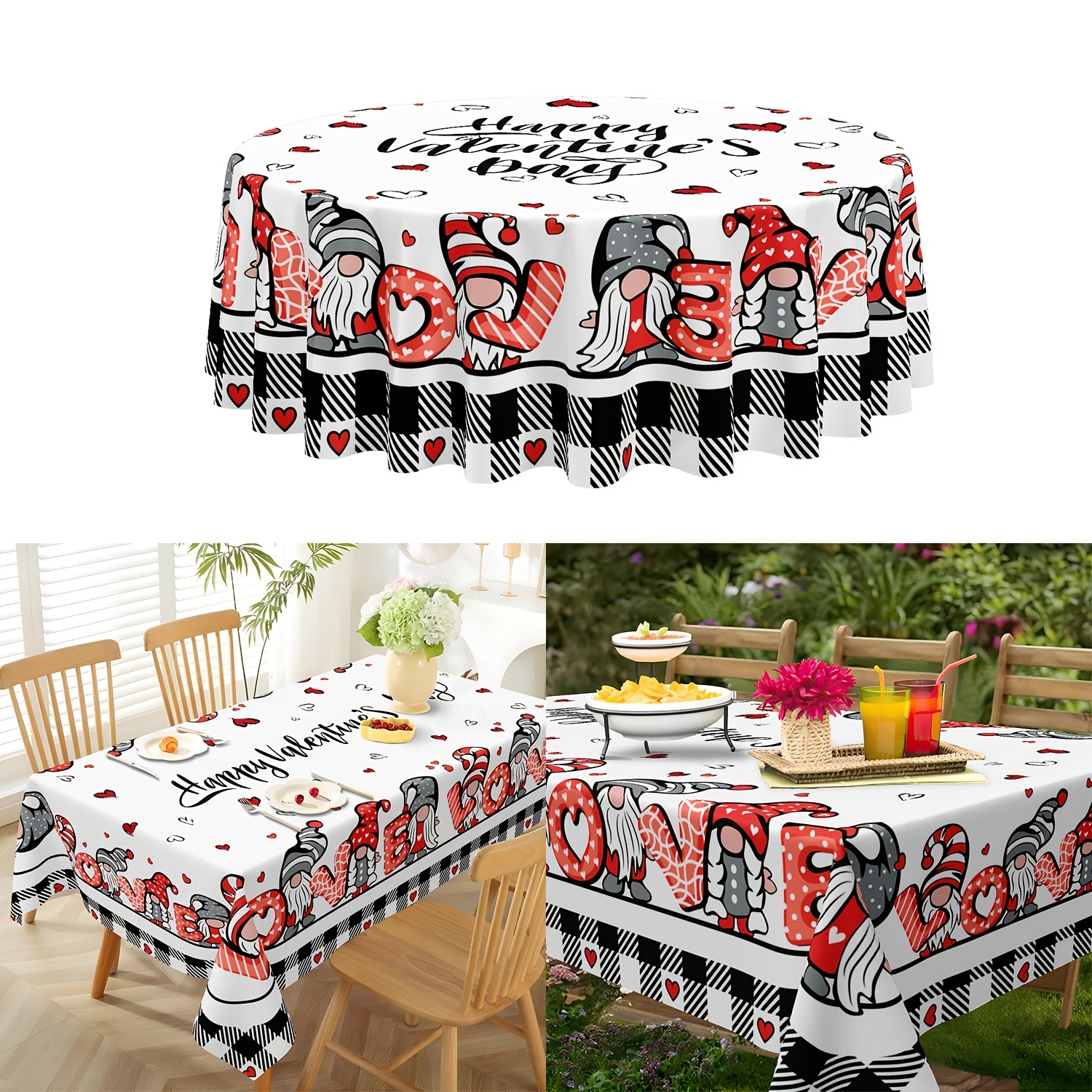 

1pc Valentine's Day Round Tablecloth - Polyester Woven Table Cover With Cute Love Gnomes And Floral Patterns, Design For Romantic Dinners And Parties