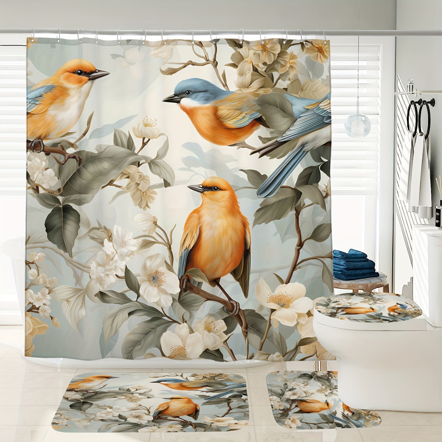 

1/3/4pcs Flower And Bird Pattern Shower Curtain Set, Shower Curtain With 12 Hooks, Non-slip Bath Mat, U-shaped Toilet Mat, Toilet Mat, Bathroom Decor Accessories