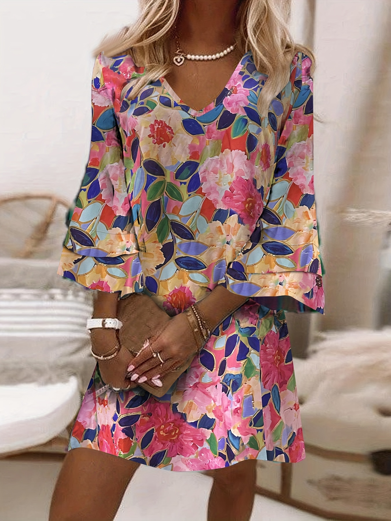 Women's Fashion Lightweight Floral Print V-Neck Double Layer Bell Sleeve  Dress, Polyester A-Line Loose Fit, Adult, Woven Fabr