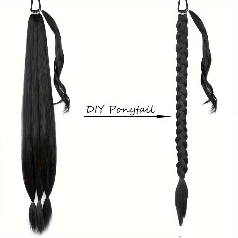 1pc elegant 32 inch long straight braid ponytail extension high temperature fiber synthetic hairpiece with elastic tie for women daily use versatile hairpiece elegant braid elastic tie attachment hair accessories details 2