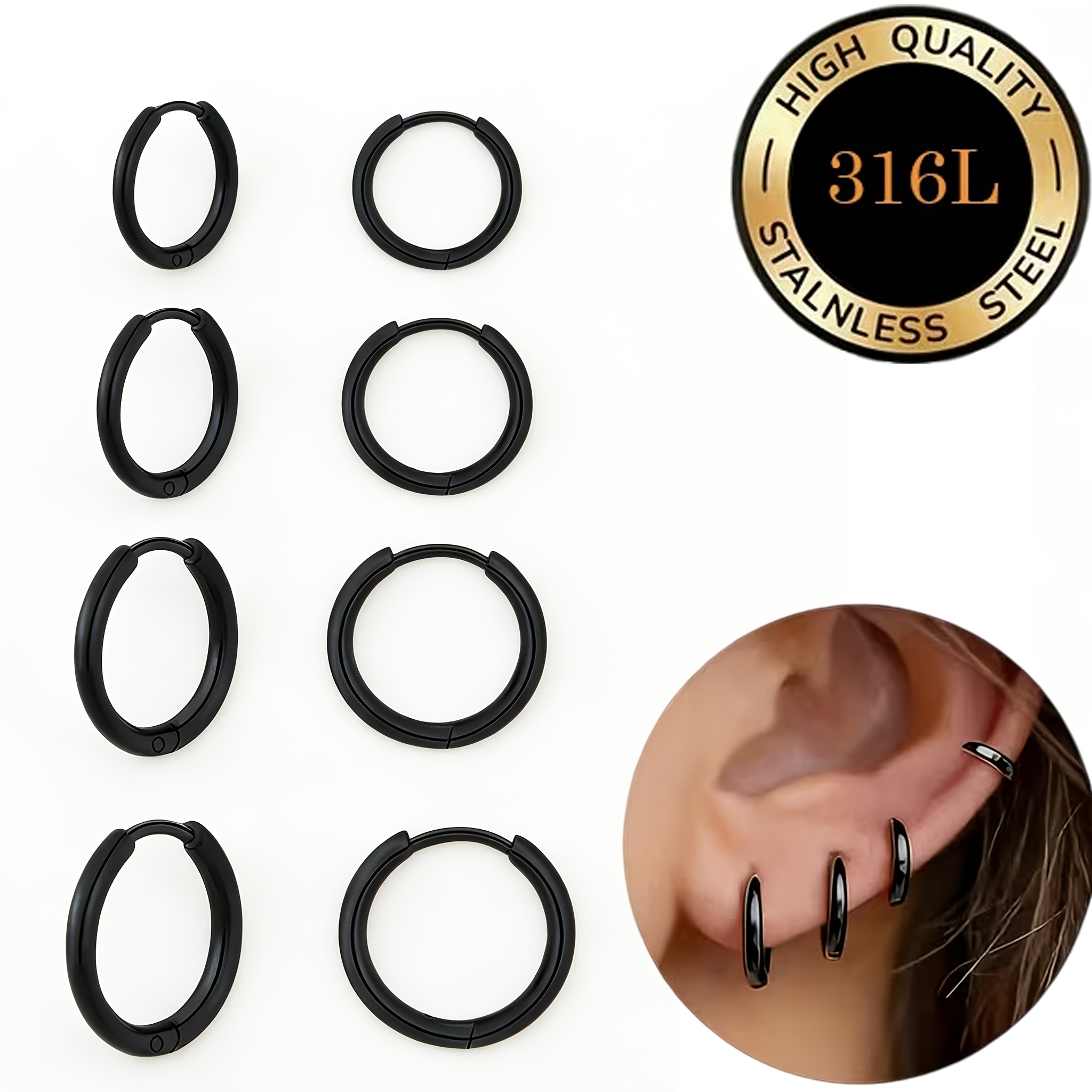 TEMU 8pcs High Quality 316l 316l 316l 316l 316l Stainless Steel Hypoallergenic Round Hoop Earrings, Golden/rose Golden/black/silvery Anti-fade, Easy