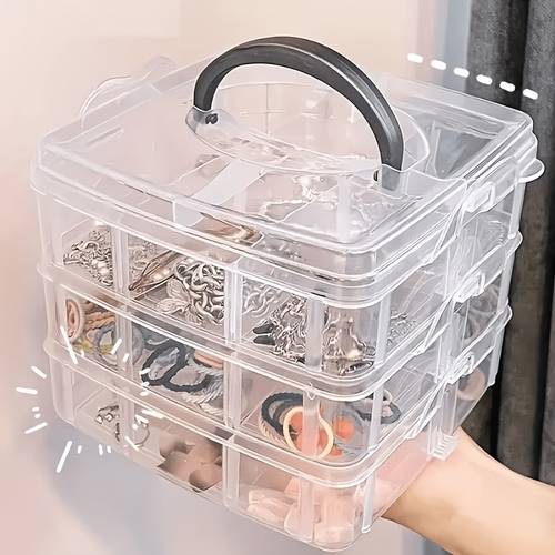 3 tier stackable multi functional storage box versatile storage organizer for crafts jewelry and supplies featuring 18 compartments transparent and detachable for easy organization suitable for small trinkets