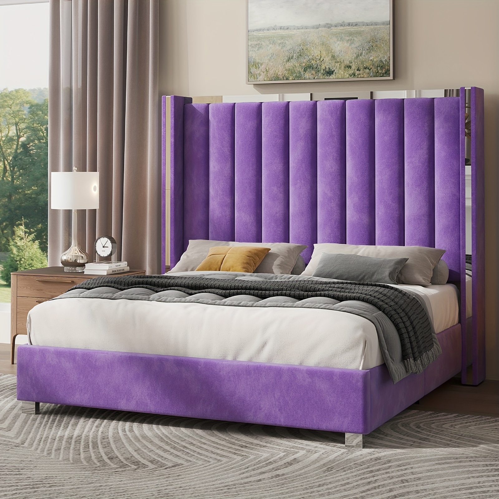 

Papajet Velvet Upholstered Platform Bed With Plating Trim And 58" Tall Headboard - Wingback Headboard, No Box Spring Required