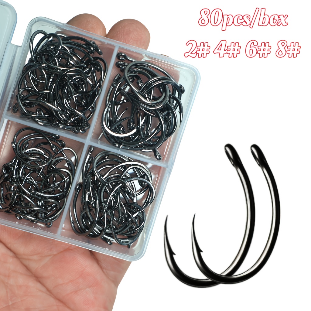 E-shop 80 Stück pro Box, Europäisches Karpfenhaken Set Größen 2#, 4#, 6#, 8#, mit europäischen Bodenhaken mit gebogenem Rücken und Widerhaken,