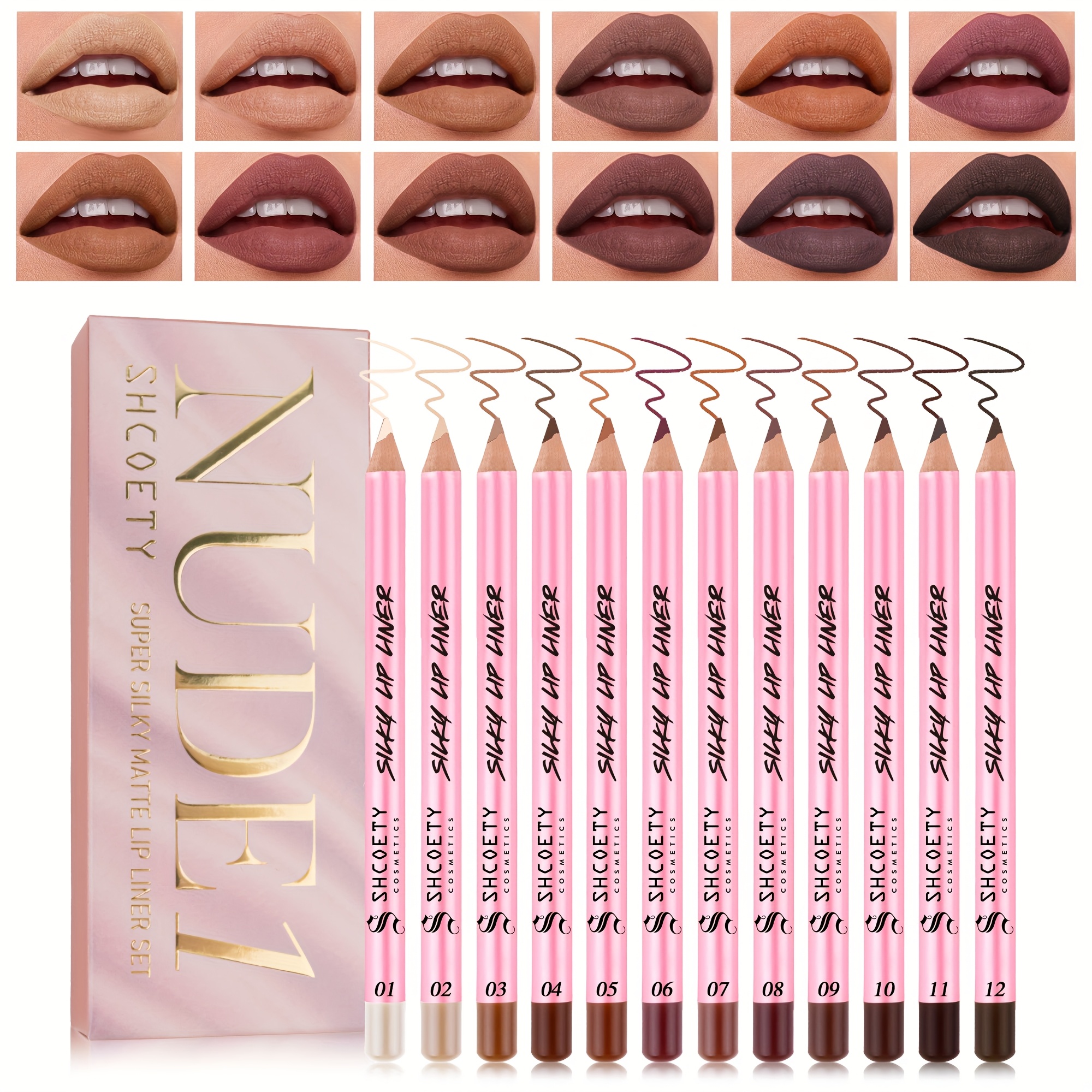 12-Color Lip Liner Set, Matte Nude Lip Pencil Set
