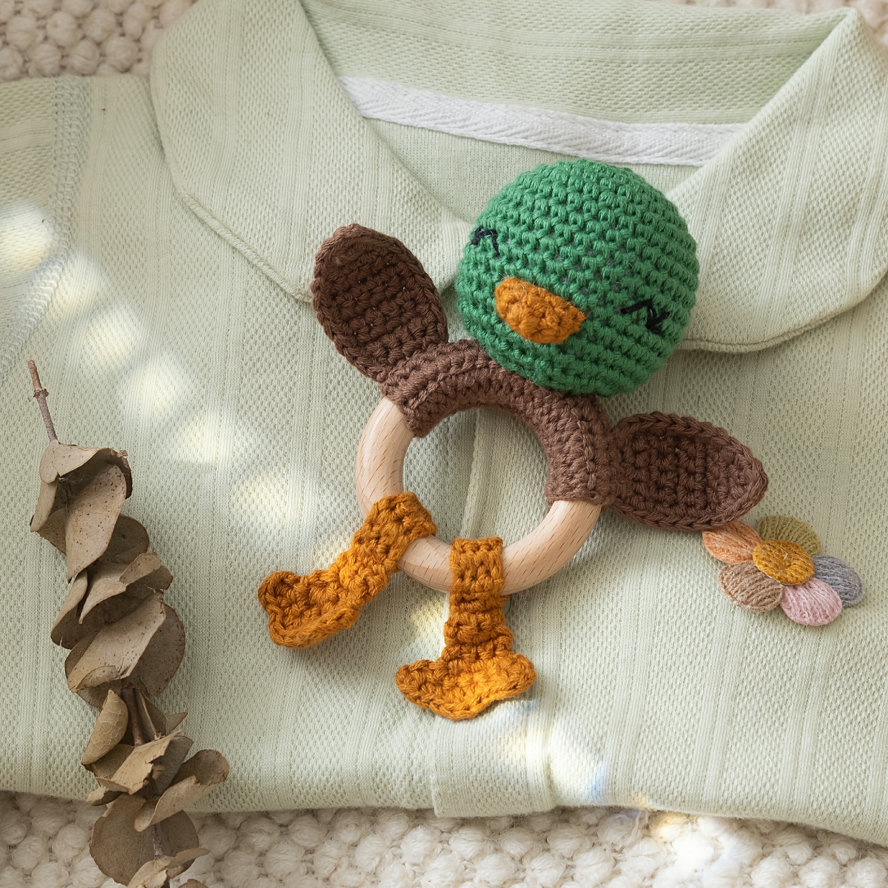 Hand-Woven Green Duck Rattle, Adorable Baby Grasping Toy
