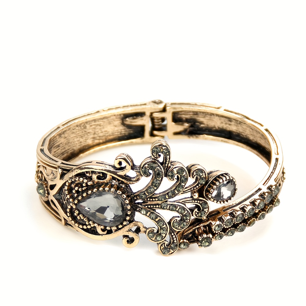 TEMU An Elegant Vintage Middle Eastern Turkish Women's Bracelet With Gray Rhinestones, Featuring Embossed Floral Patterns And An Ethnic Style With A