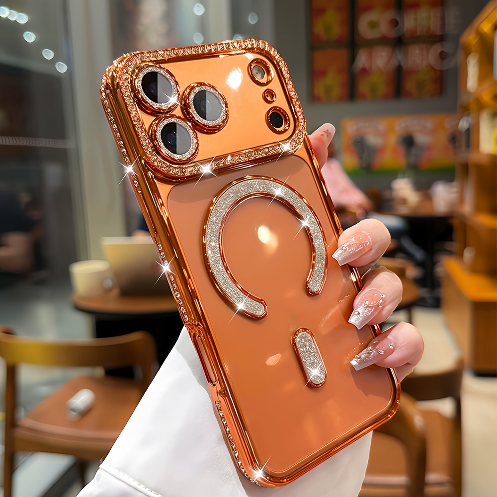 Image of Phone Case - Glossy Magnetic Phone Case With Rhinestones On The Sides, Suitable For Iphone 17/16/15/14/13/12 Pro Max/plus/air, Supports Wireless Charging.