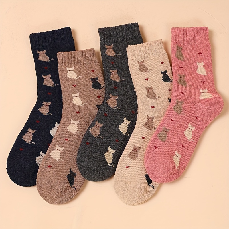 5-pack Autumn/winter Women's -lined Thick Warm Mid-calf Socks, Trendy Sweet Cute Cartoon Cat Pattern, Versatile Comfortable Terrycloth Socks