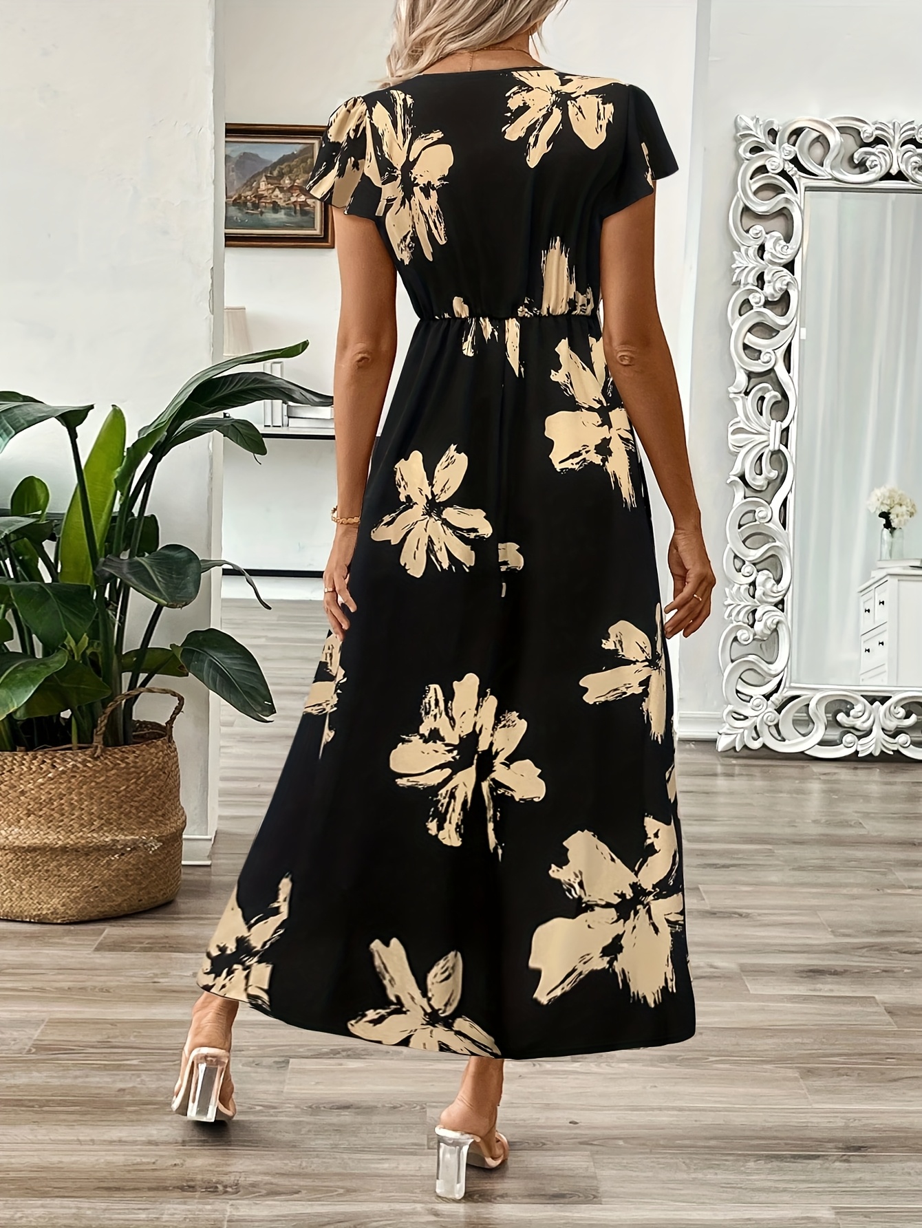 Elegant Floral Print Maxi Dress for Women - V-Neck, Short Sleeves, High-Waisted, Flowy A-Line Silhouette, Black with Golden Floral Design, Perfect for Spring & Summer, Adult Size, Casual Summer Dress | Floral Print Dress | Ruffled Hemline, Floral Dress