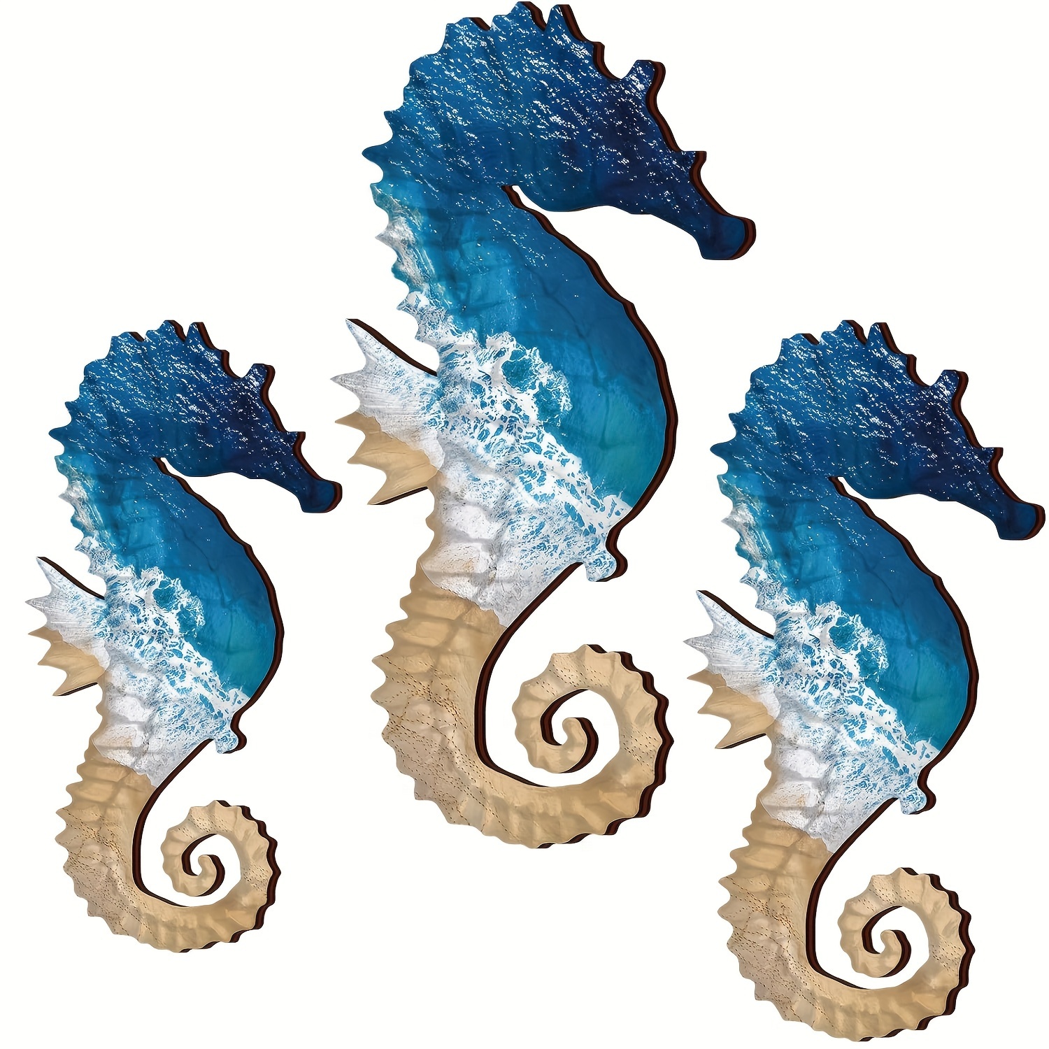 

Mediterranean Style Seahorse Wall Decor Set Of 3, Reusable Wooden Nautical Art For Home Decoration