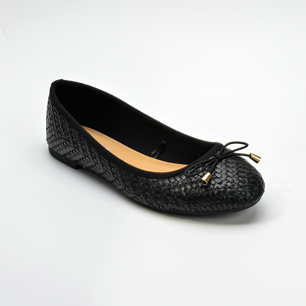 TEMU Damen Ballerinas mit gefälschter Webstruktur, weiße Schleife, schlichte flache Schuhe mit runder Spitze, Mama Schuhe, Damenschuhe