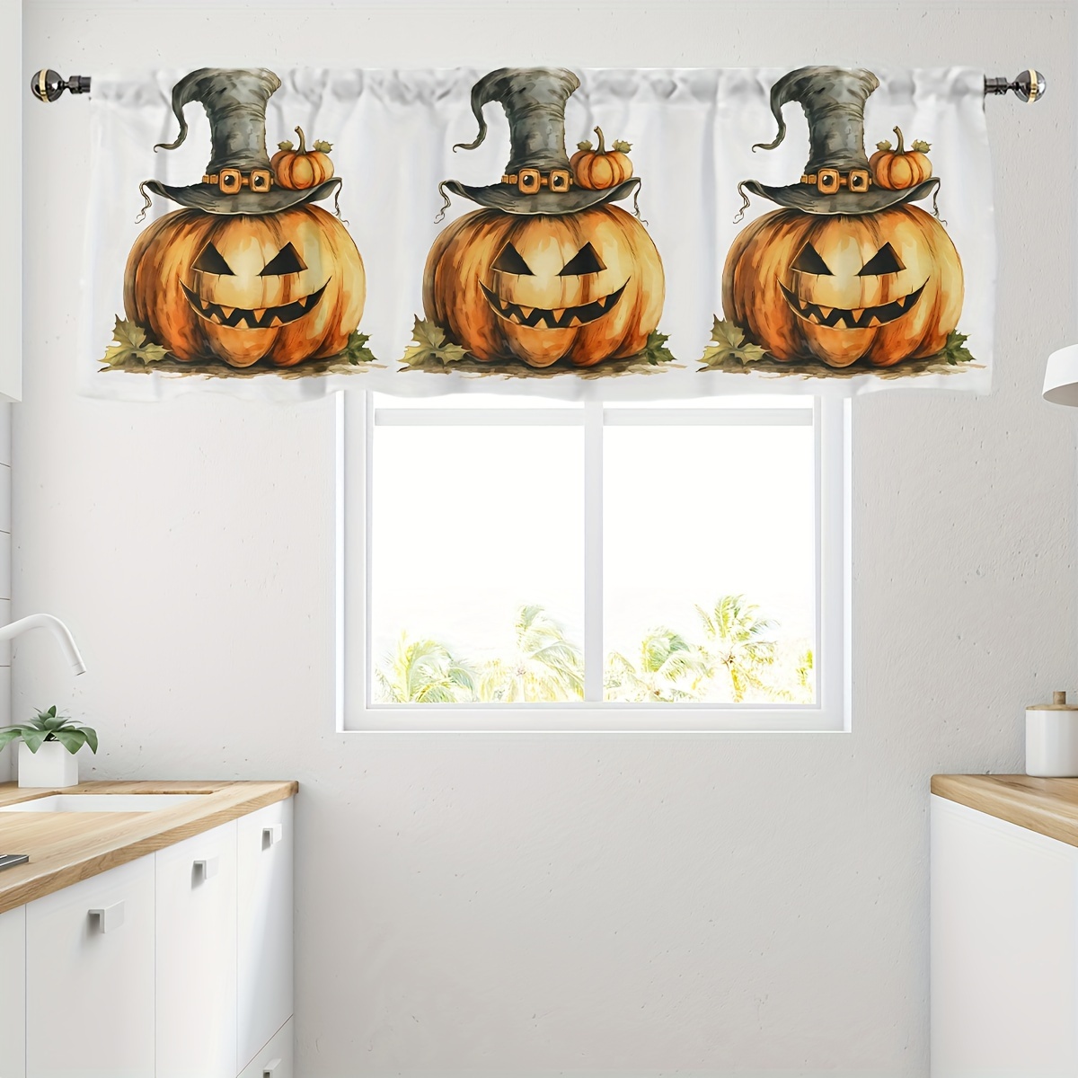 

1pc Halloween Pumpkin Valance Curtain - Classic Style Semi-sheer Rod Pocket Curtain For Various Rooms, Hand Washable Polyester Weave With Design, Decorative Arts Theme For Kitchen & Home