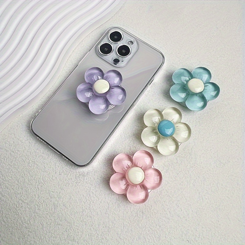 

1pc Transparent Resin Candy-colored Flower Phone Holder, Foldable Desktop Stand, Cute Floral Retractable Grip For Mobile Devices - Abs Material, Non-waterproof