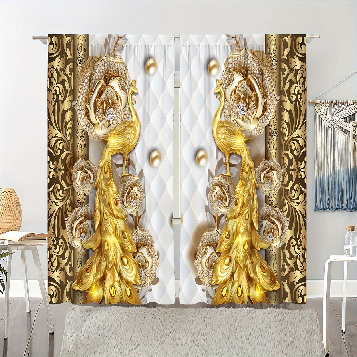 

2-piece Set Golden Peacock Print Curtains - Rod Pocket Design For Easy Hanging, Fade-resistant Polyester Drapes For Living Room, Bedroom, Kitchen & Home Decor