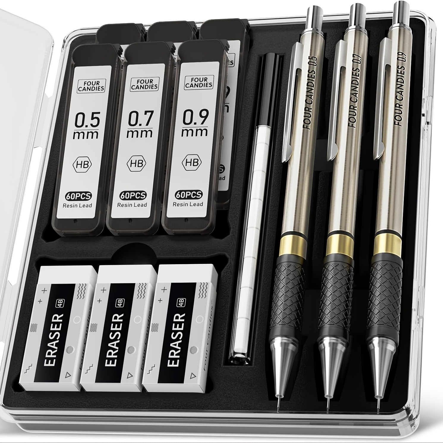 4 Candies Metal Mechanical Pencil Set - 3pcs 0.5 & 0.7 & 0. Art Pencils & 360pcs Hb Lead Refills & 3pcs Erasers & 9pcs Eraser Refills, For Drawing, Writing, Sketching, Drafting - With Case