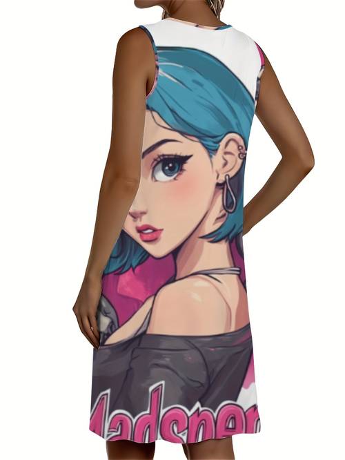 womens casual sleeveless dress with graphic print soft breathable length dress round neck machine washable for casual attire