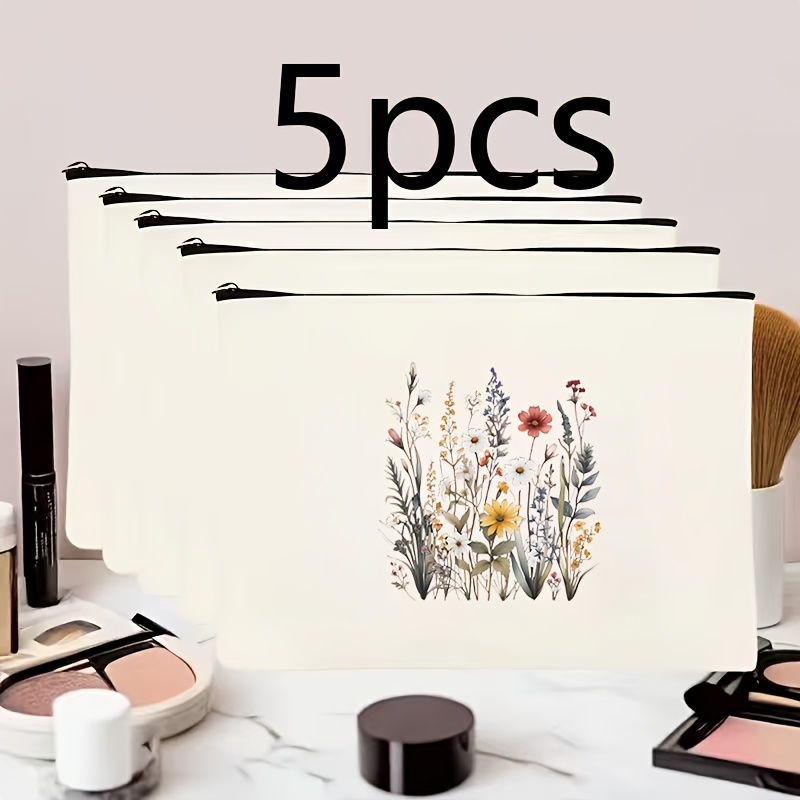 TEMU 5pcs Morandi Hand-painted Wild Dried Flowers Fresh Literary Floral Print Gentle Women's Makeup Bag