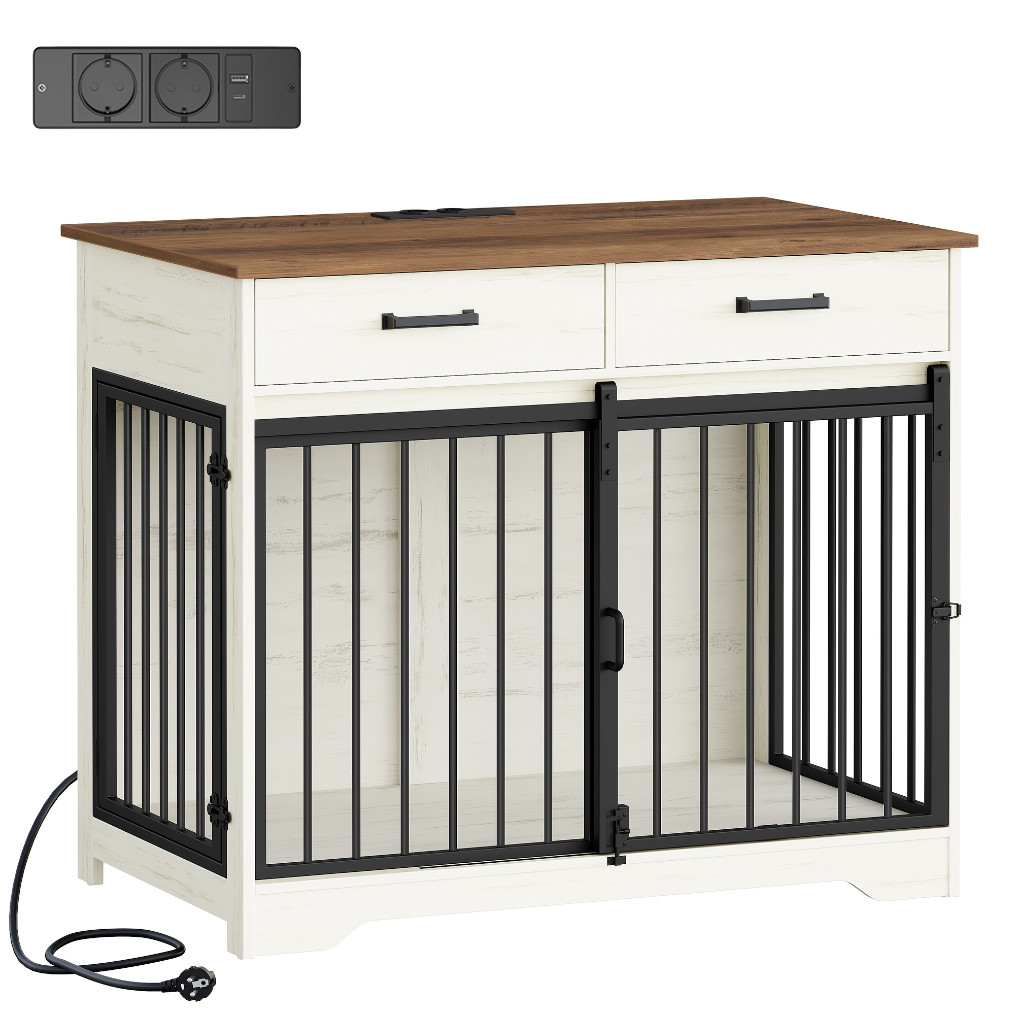 Jaula para perros tipo mueble con regleta de enchufes, 2 cajones, jaulas de madera con puerta de  ,   interior de   para perros,   para perros medianos/ , 97 x 56 x 81 cm