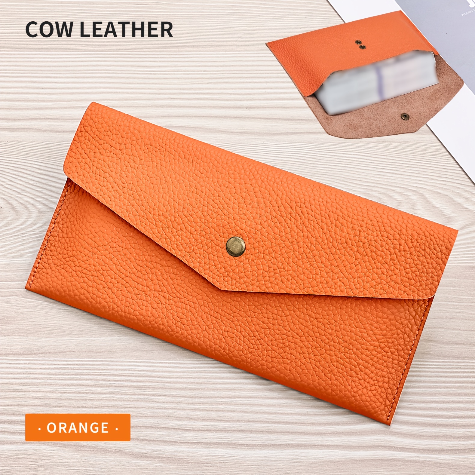 Banyanu Ladies Luxury Genuine Leather Wallet Large Capacity, Foldable And Non-fading, Green Rivet Detail, Cash Storage, Envelope Style, Soft Leather