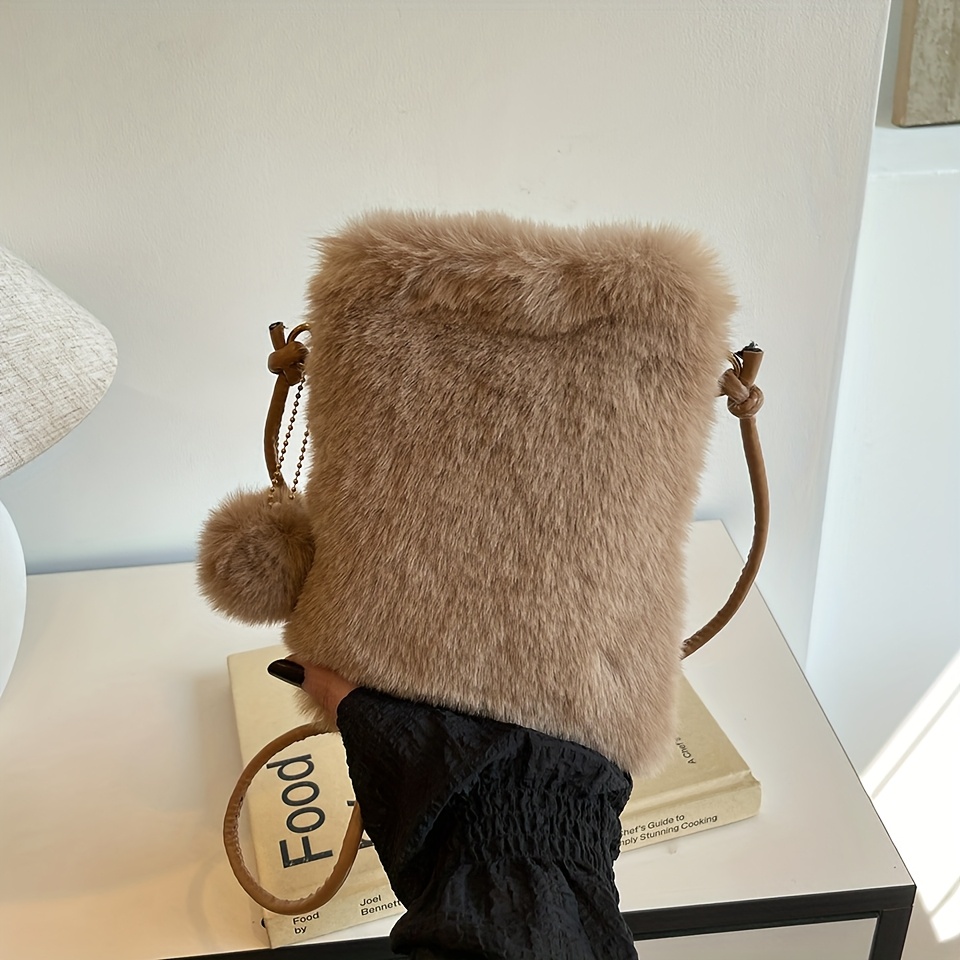 Image of Plush Mobile Phone Bag Women's Autumn And Winter New Simple Messenger Bag Mini Trend Vertical Mobile Phone Bag Fluffy Small Bag.