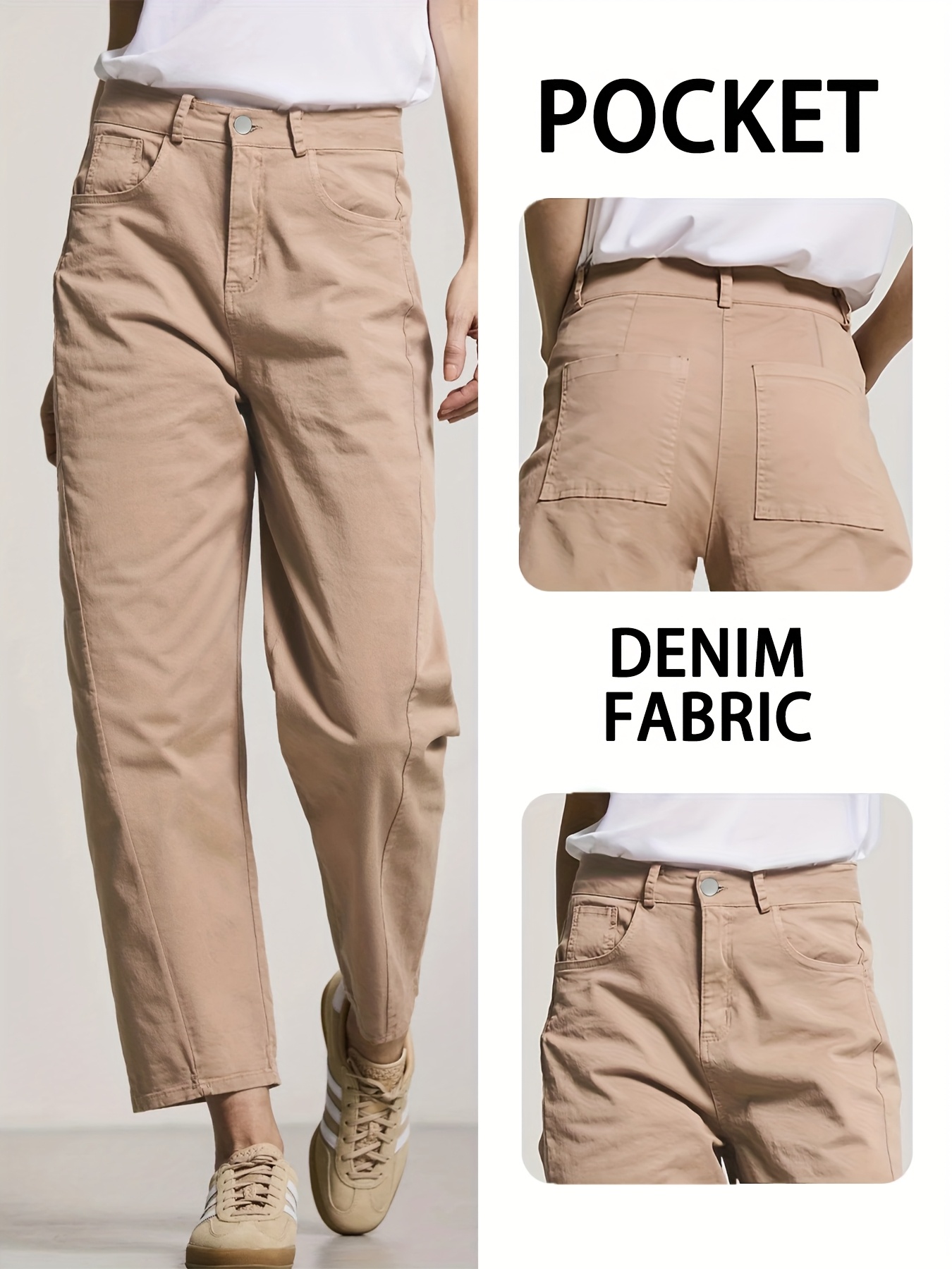 Women's High-Waisted Stretch Jeans Beige Vintage Washed Non-See-Through  Pants with Button Closure, Plus Size Skinny Fit Tummy Control for Casual